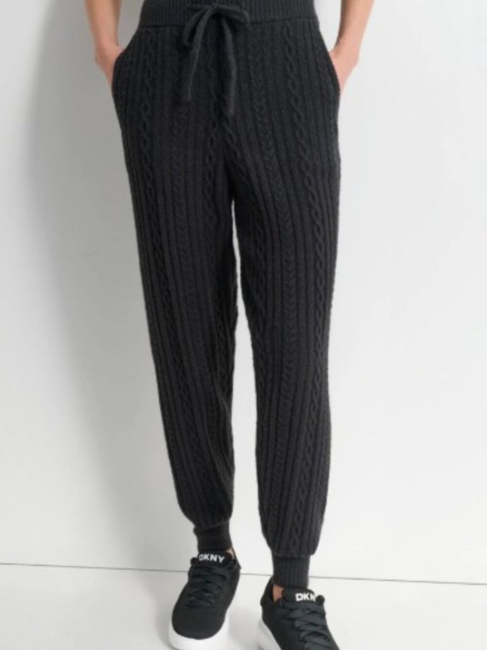 NWT DKNY Black Sport Cozy Cable Sweater Joggers High Waist Drawstring - Size XS